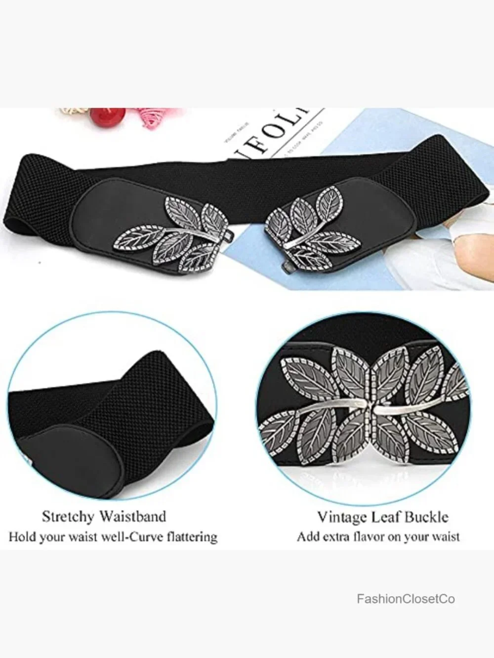 Stretchy Wide Elastic Waist Belt with Leaf Buckle for Dresses
